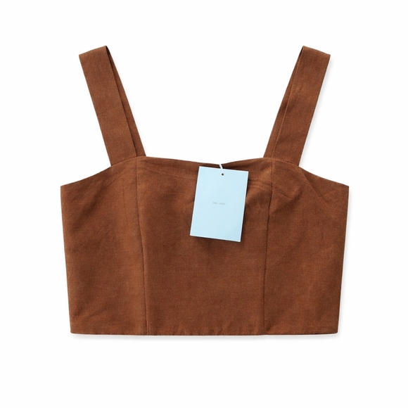 OAK + FORT Teak Linen Blend Crop Top Smocked Back Minimalist Tank Size S NWT - Picture 2 of 9